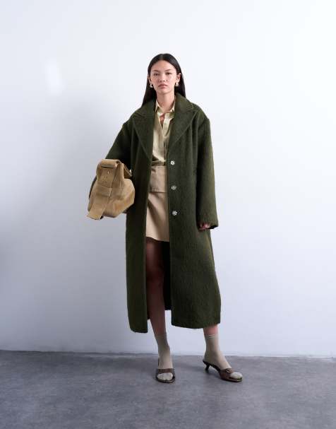 Topshop – Kakigrön, borstad, ofodrad, stilren kappa med sänkt axelsöm i dra på-stil av ylletyg - view 1