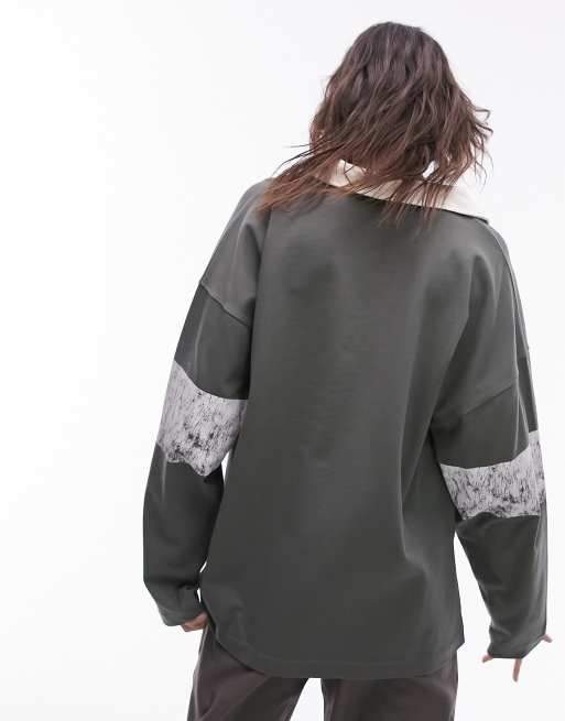 Topshop – Kakigrön pikétröja i oversize med Boston 87-tryck, 3 av 4