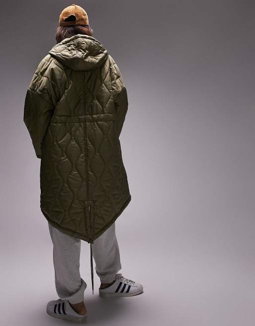 Topshop – Kakigrön quiltad a-linjeformad jacka med huva i lång modell, 2 av 4