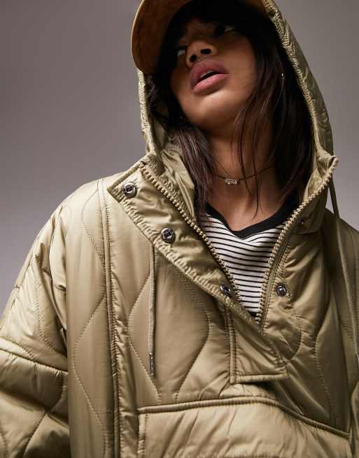 Topshop – Kakigrön quiltad a-linjeformad jacka med huva i lång modell, 3 av 4