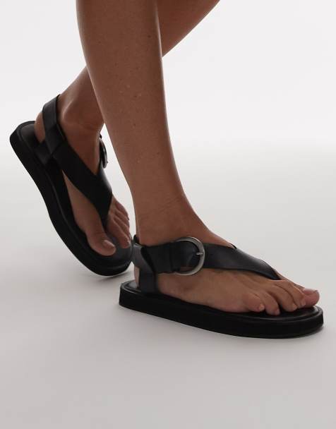 Topshop Kam real leather toe thong flat sandals in black - view 1