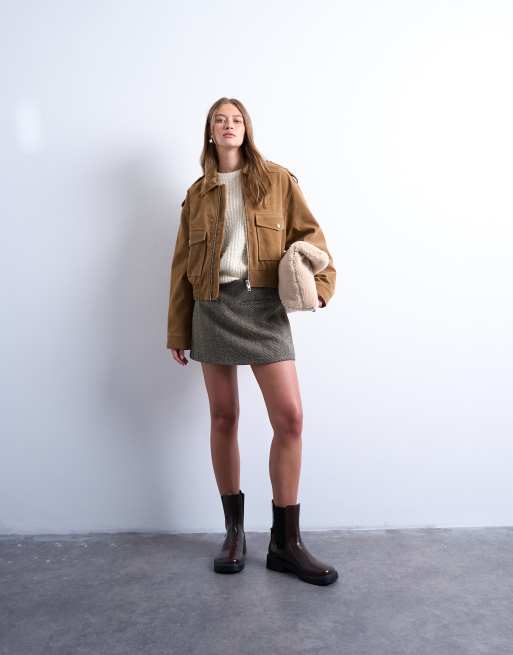 Topshop - Kamelbrun cropped bomber-jakke med knapdetaljer i imiteret ruskind, 3 af 4