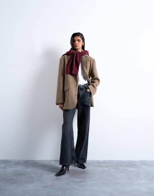 Topshop – Kamelbrun kappa i borstad ull och kavajmodell med tre knappar, 2 av 4
