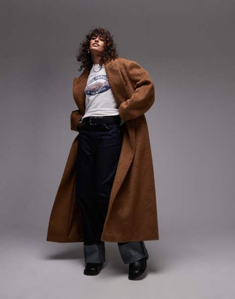Topshop - Kamelbrun longline-frakke i børstet materiale med trykknapper - view 1