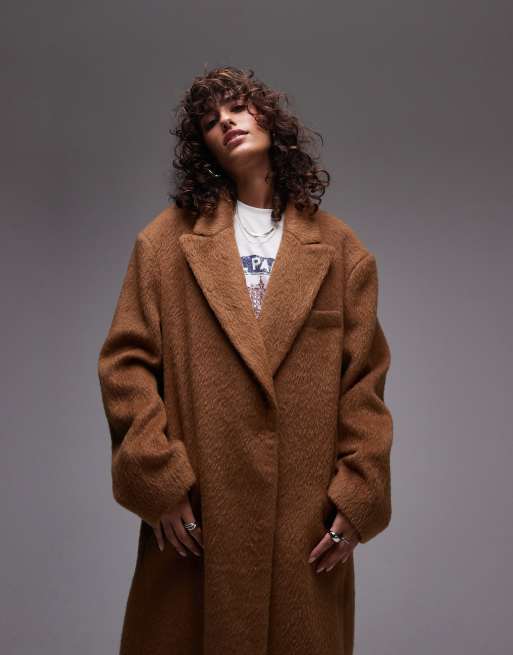 Topshop - Kamelbrun longline-frakke i børstet materiale med trykknapper, 2 af 4