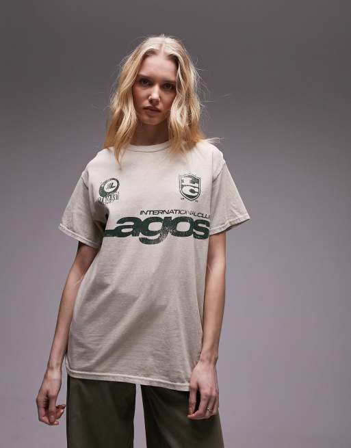 Topshop – Kamiennobeżowa koszulka sportowa z nadrukiem Lagos