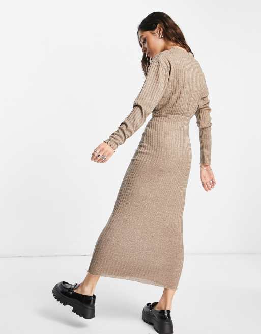 Topshop – Kamiennobeżowa sukienka midaxi z łączonych elementów, 4 z 4