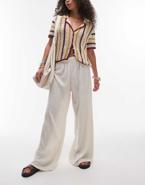 Topshop textured wide leg trousers in stone 	