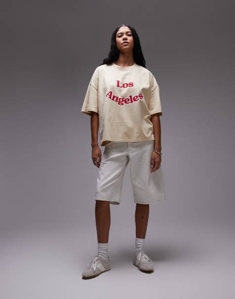 Topshop – Kamiennobeżowy dżersejowy T-shirt z grafiką Los Angeles - view 1