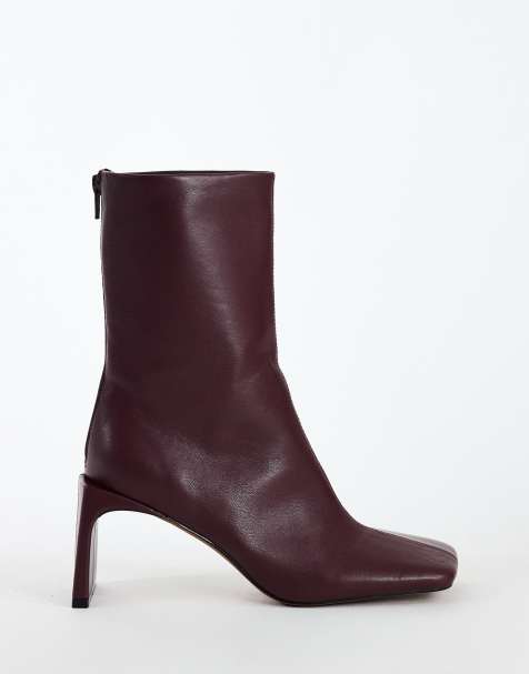 Topshop Kane enkellaarsjes met hoekige hak in aubergine - view 1