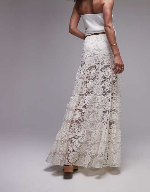 Topshop - Kanten maxi rok in ivoorwit, 4 van 5