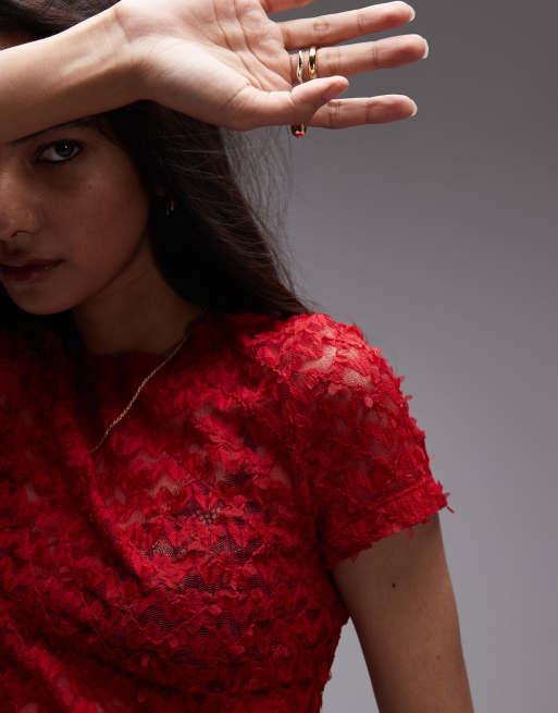 Topshop - Kanten T-shirt met textuur in rood, 2 van 4