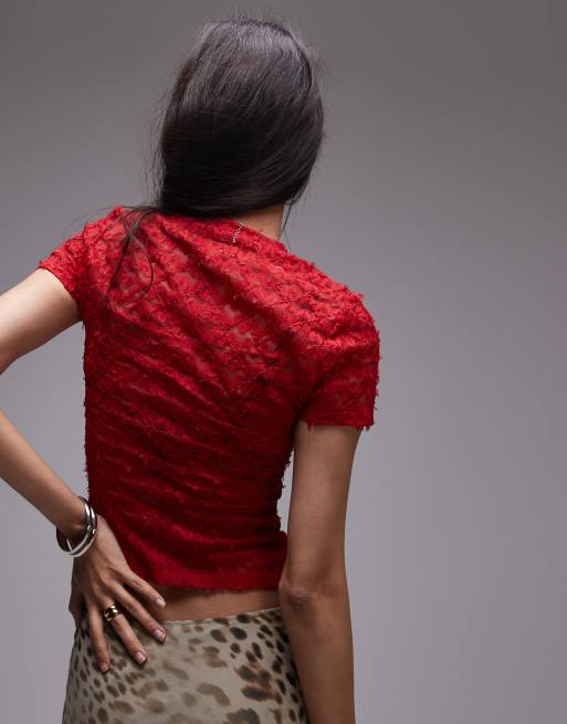 Topshop - Kanten T-shirt met textuur in rood, 3 van 4