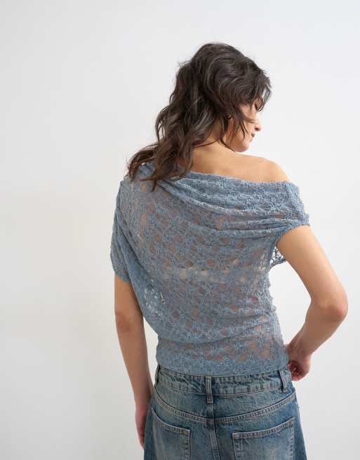 Topshop - Kanten top met afhangende schouder in blauw, 3 van 4
