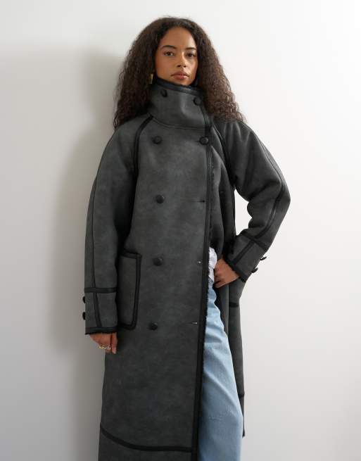 Topshop kappa i lång modell i läderimitation med ståkrage i svart, 3 av 4