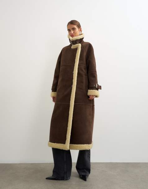 Topshop kappa i lång modell med teddykant och ståkrage i brunt - view 1