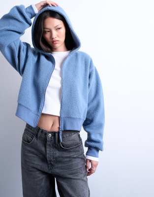 Topshop - Kapuzenjacke aus Teddystoff in Blau