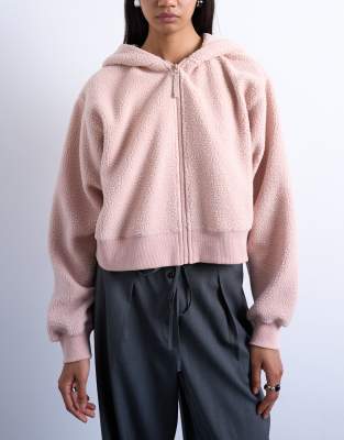 Topshop - Kapuzenjacke aus Teddystoff in Rosa