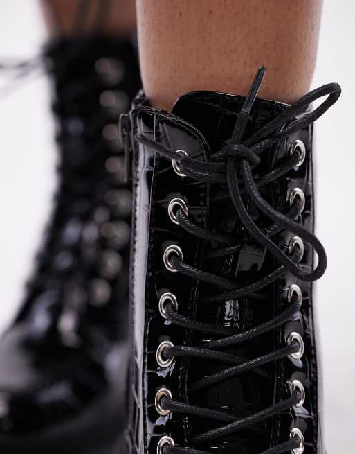 Topshop Kara chunky croc lace up boot in black