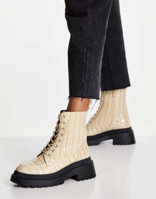 Topshop Kara Chunky Croc Lace Up Boot in Off White - ASOS Price Checker