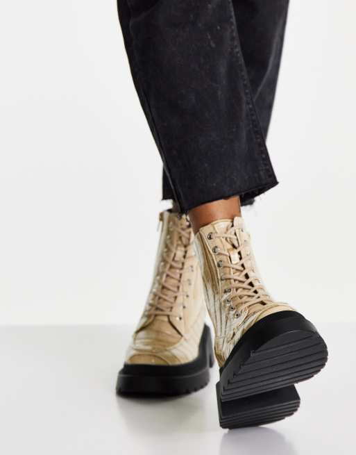 Topshop Kara Chunky Croc Lace Up Boot in Off White