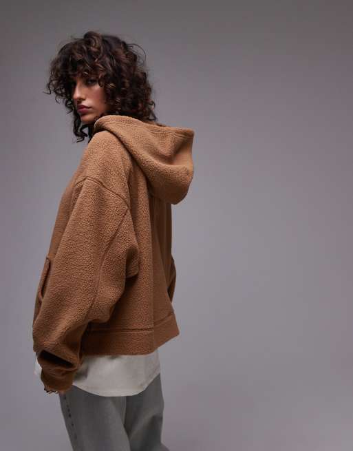 Topshop - Karamelbrun fleece-hættetrøje med lynlås i imiteret lammeskind, 4 af 4