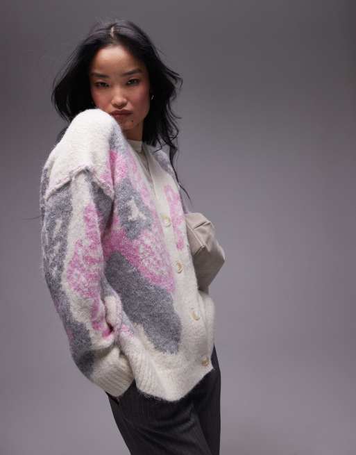 Topshop – Kardigan oversize w neutralnym kolorze z dzianiny w kwiatowy wzór
