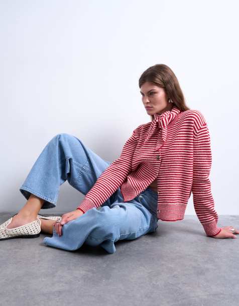 Topshop knitted stripe cardigan and scarf in red and white