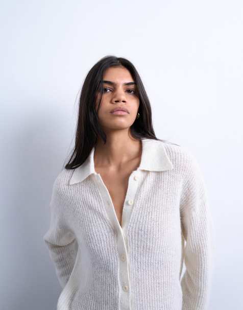 Topshop knitted lofty collared cardigan in ecru