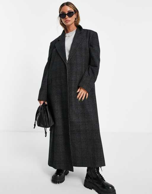 Topshop – Karierter Maximantel mit Bindegürtel in Anthrazit