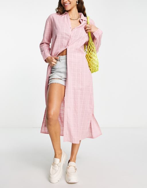 Topshop – Kariertes Maxi-Strandhemd in Rosa 