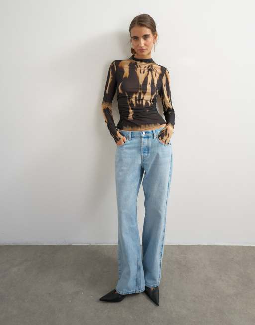 Topshop kariertes Mesh-Top mit langen Ärmeln und Stehkragen im Monoprint, 3 von 4