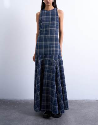 Topshop - Kariertes Midikleid in Marineblau mit tiefer Taille und Vollsaum