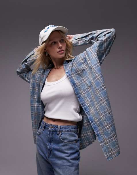 Topshop – Kariertes Oversize-Hemd in verwaschenem Blau - view 1