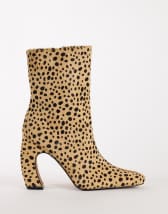 Topshop Karter hair on real leather curved heel ankle boot in caramel dalmatian