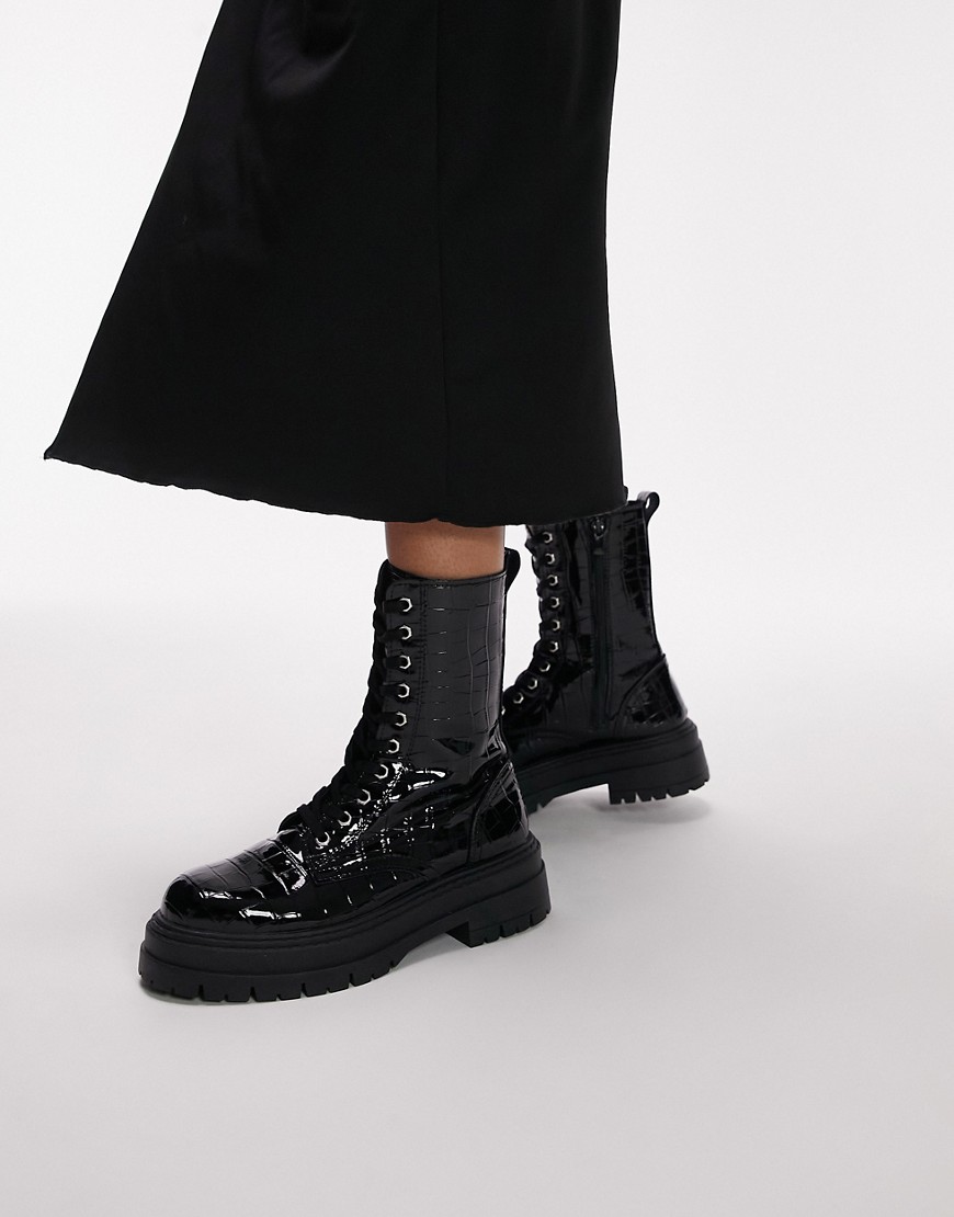 Topshop Karter lace up boot in black patent croc