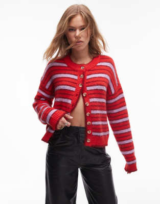 Topshop - Kastige, gestreifte Oversize-Strickjacke in Rot und Flieder-Bunt