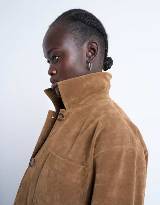 Topshop – Kastige, lässige Hemdjacke aus Wildlederimitat in Hellbraun, 3 von 4