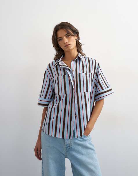Topshop – Kastige Resort-Hemdbluse in gestreiftem Blau - view 1