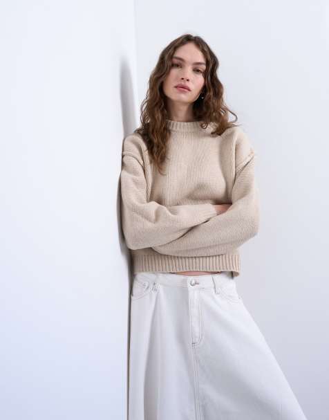 Topshop – Kastiger Strickpullover in Hellbeige mit weiten Ärmeln und mittelhohem Rundhalsausschnitt - view 1