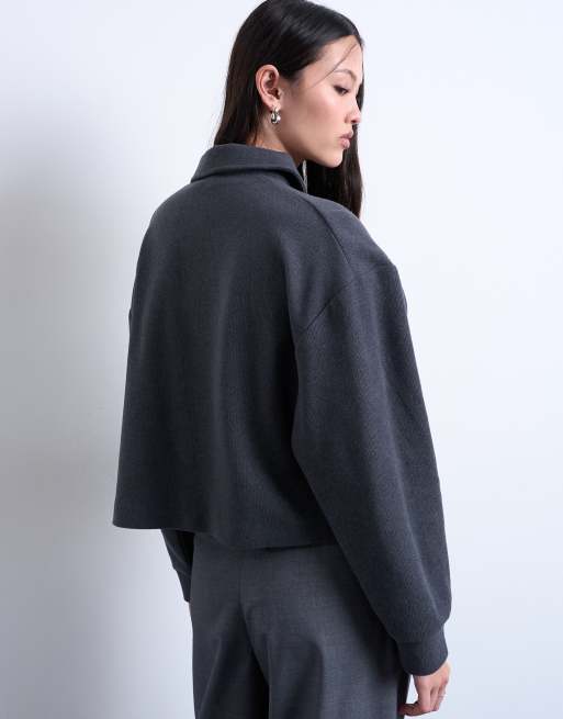 Topshop – Kastiges, langärmliges Polohemd in Grau mit weicher Haptik, Kombiteil, 4 von 4
