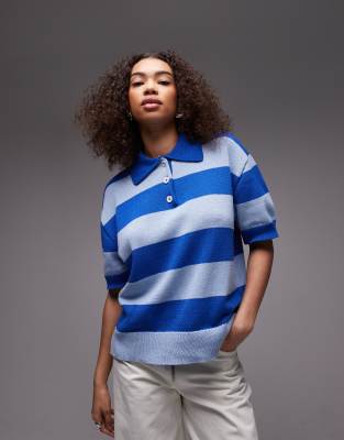 Topshop - Kastiges Poloshirt mit blauen Streifen-Bunt