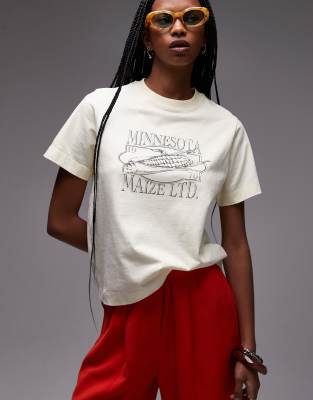 Topshop - Kastiges T-Shirt in Buttermilchgelb mit „Minnesota"-Print