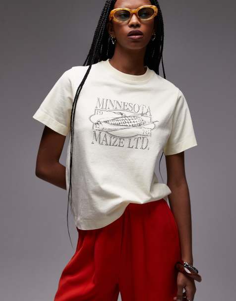 Topshop – Kastiges T-Shirt in Buttermilchgelb mit „Minnesota“-Print - view 1
