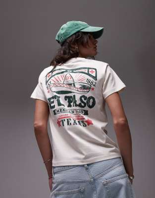 Topshop - Kastiges T-Shirt in Ecru mit „Texas El Paso"-Print-Weiß