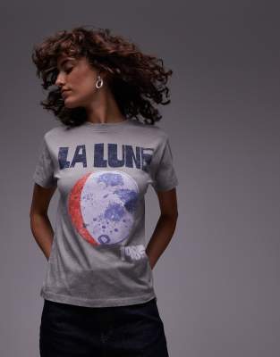 Topshop - Kastiges T-Shirt in Grau mit „La Lune"-Print