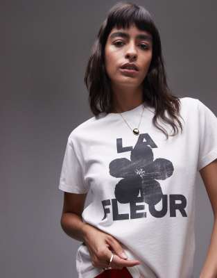 Topshop - Kastiges T-Shirt in Weiß mit „La Fleur"-Print