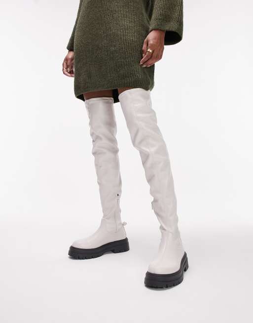Topshop - Kate - Over-de-knie laarzen met dikke zool in gebroken wit