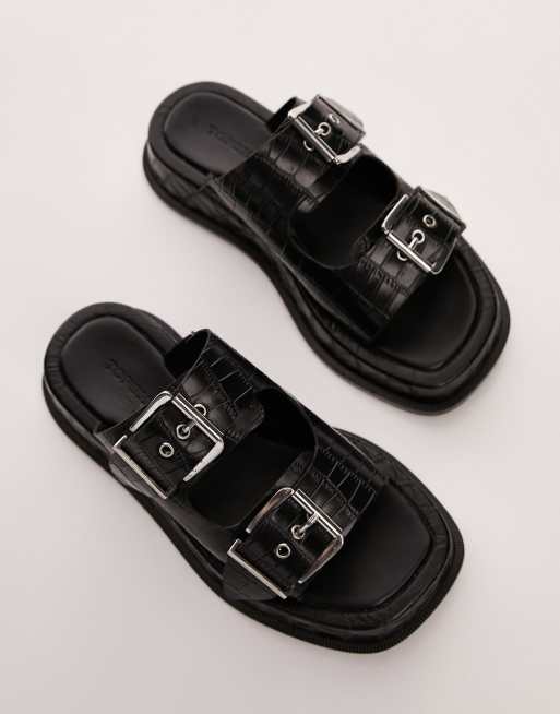 Topshop – Katie – Klobige Ledersandalen in Schwarz mit Kroko-Optik, 2 von 4