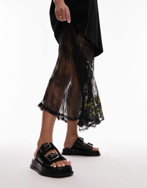 Topshop Katie leather chunky sandals in black croc - view 1